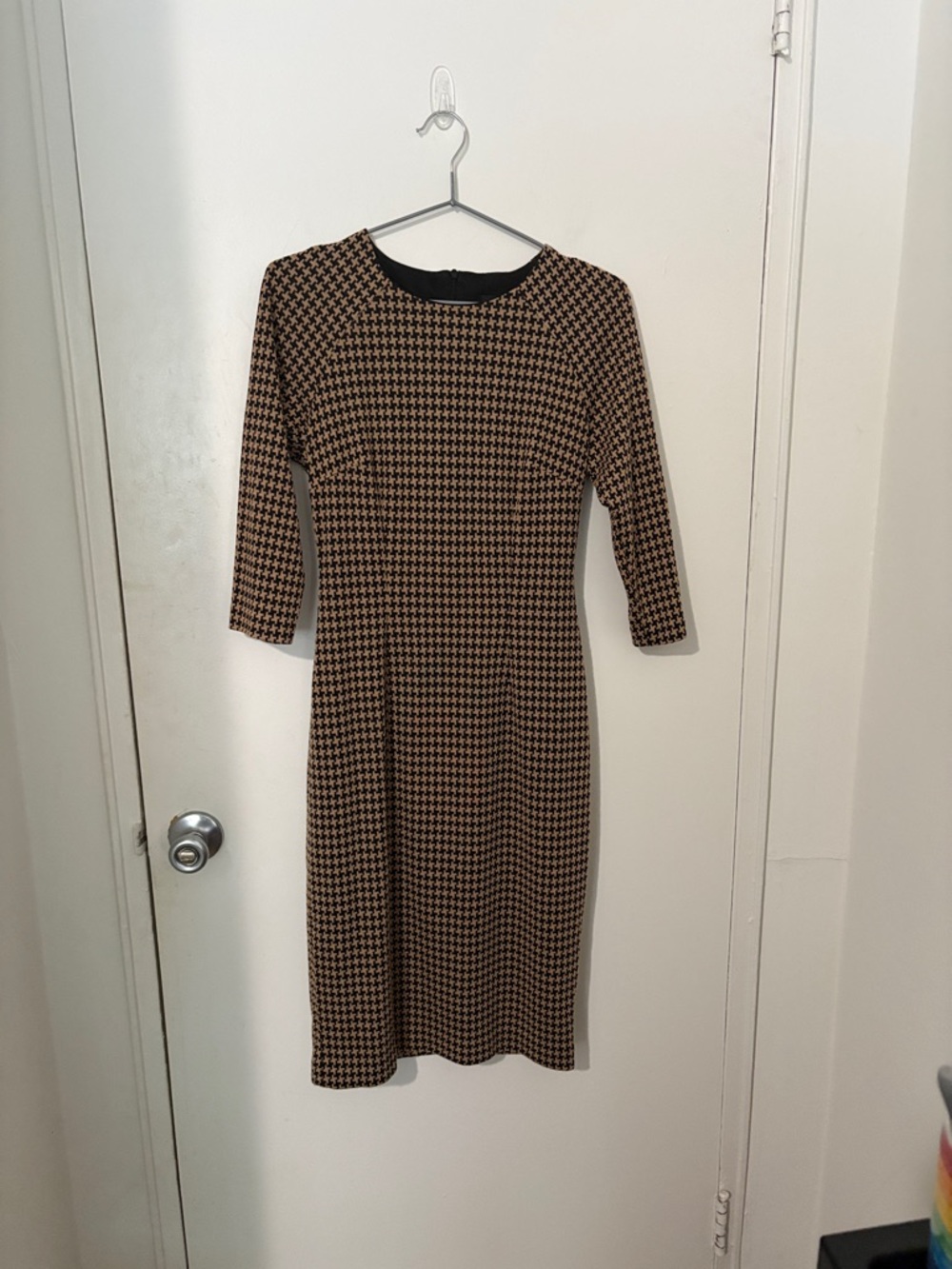 David Meister Brown and Black Houndstooth Midi Sheath Dress